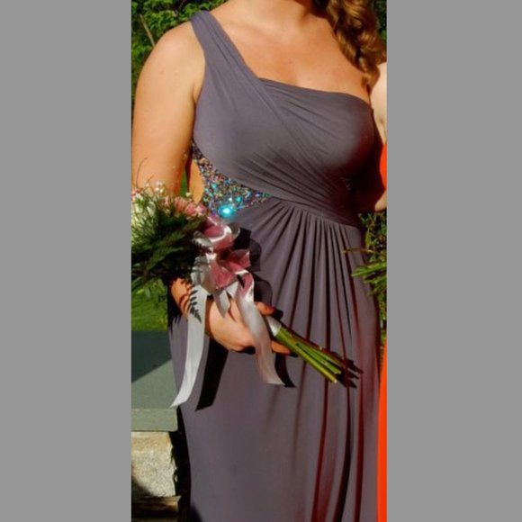 La Femme One Shoulder Asymmetrical Floor Length Dress with Open Back and Gems - Picture 3 of 10